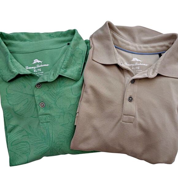 Tommy Bahama Lot (2) S/S Summer Polos Green Print & Tan Shirts XL X-Large - Picture 1 of 13